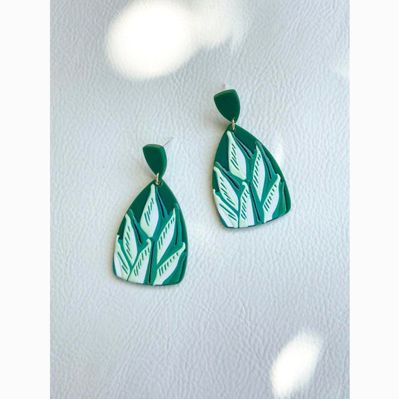 Anthropologie Jewelry - 3/$30 Green White Acrylic Leaf Print Geometric Drop Earrings